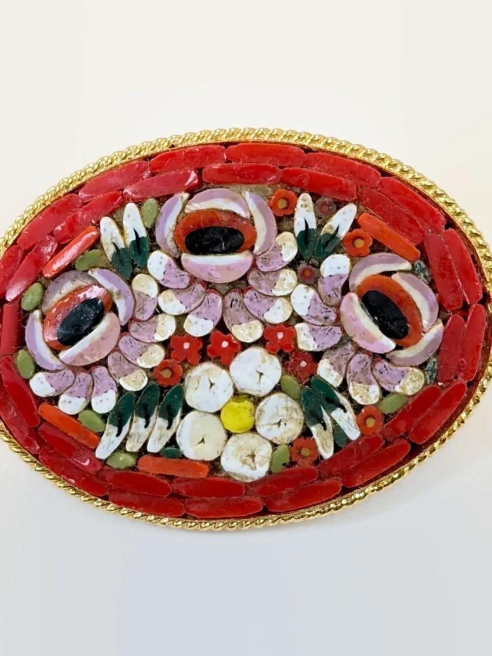 Micro Mosaic Brooch, Vintage, Flowers, Red, Pink, Brooch, Gold Tone, Italy